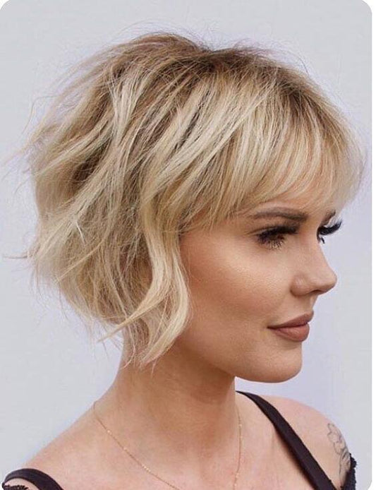 Choppy Bobs Wavy Hairstyle Blonde Mix Dark Top Synthetic Hair Wigs Women Natural